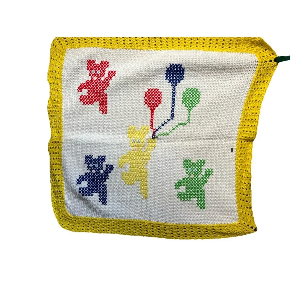 Vintage Rare Baby Crochet Blanket Quilt Cross Stitch Balloons 38 X 40 Grannycore